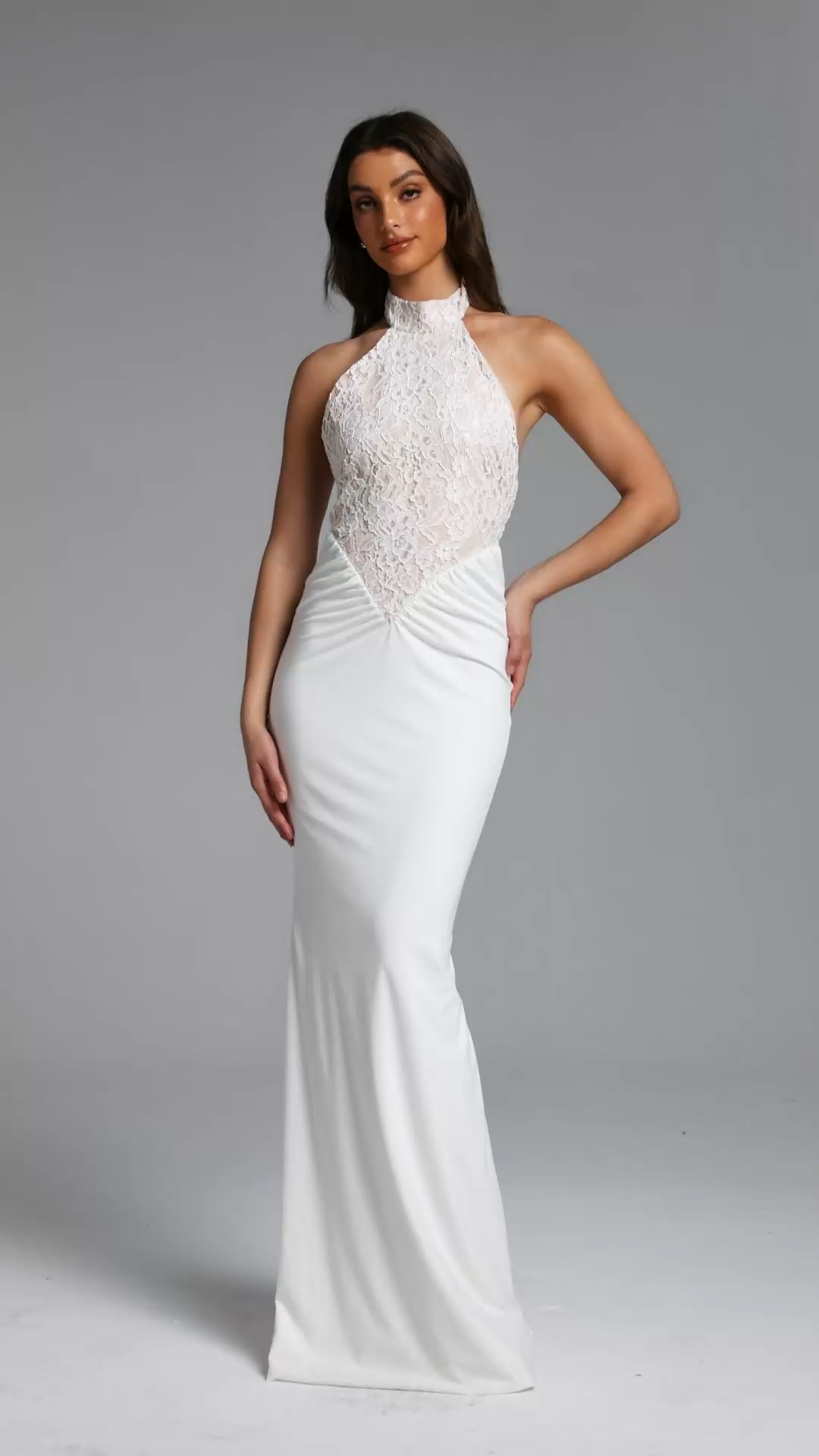 Fahrenheit Elegant Contour Halter Ruched Lace Maxi Dress