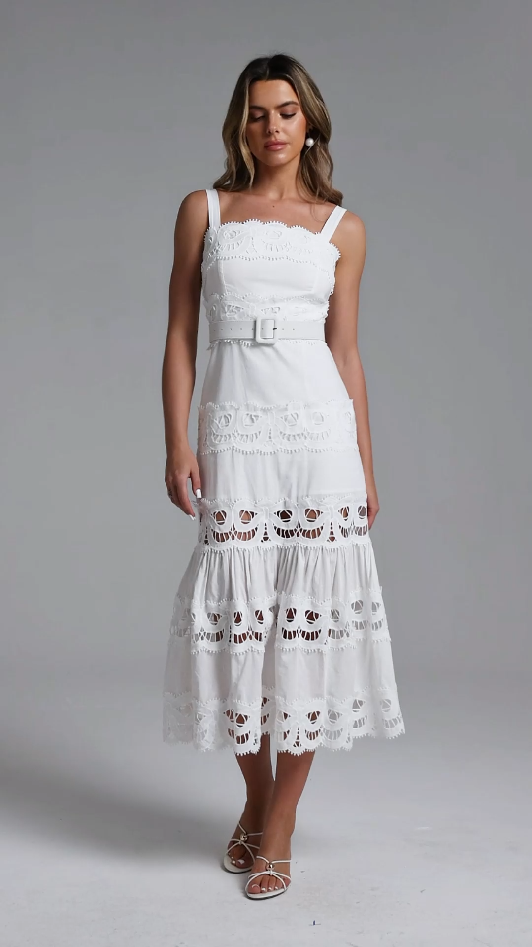 Giada Romantic Tailored Sleeveless Belted Lace Woven Maxi Dress