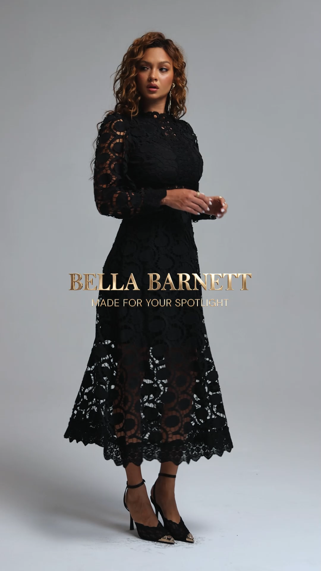 Ueza Vintage Tailored Mock Neck Long Sleeve Hollow-Out Lace Maxi Dress