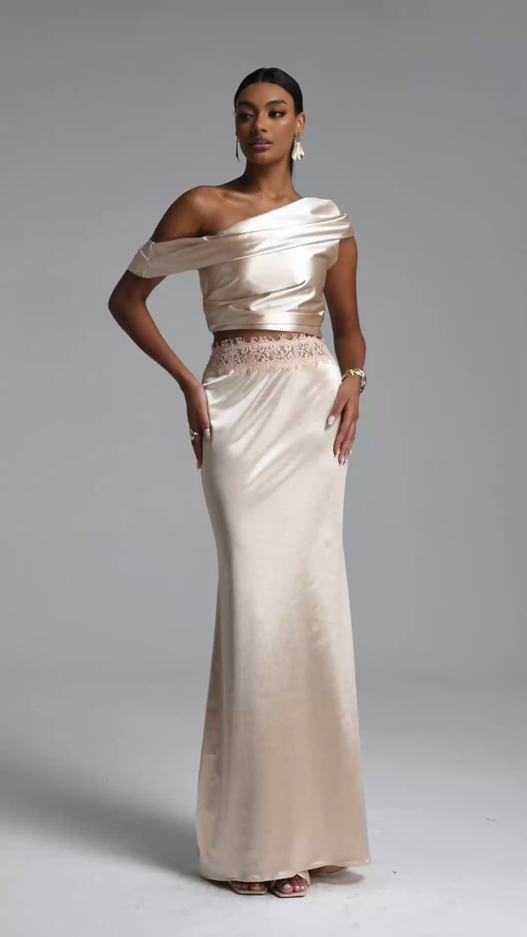 Eloise Elegant Contour Off Shoulder Pleated Lace Satin Top and Skirt Set