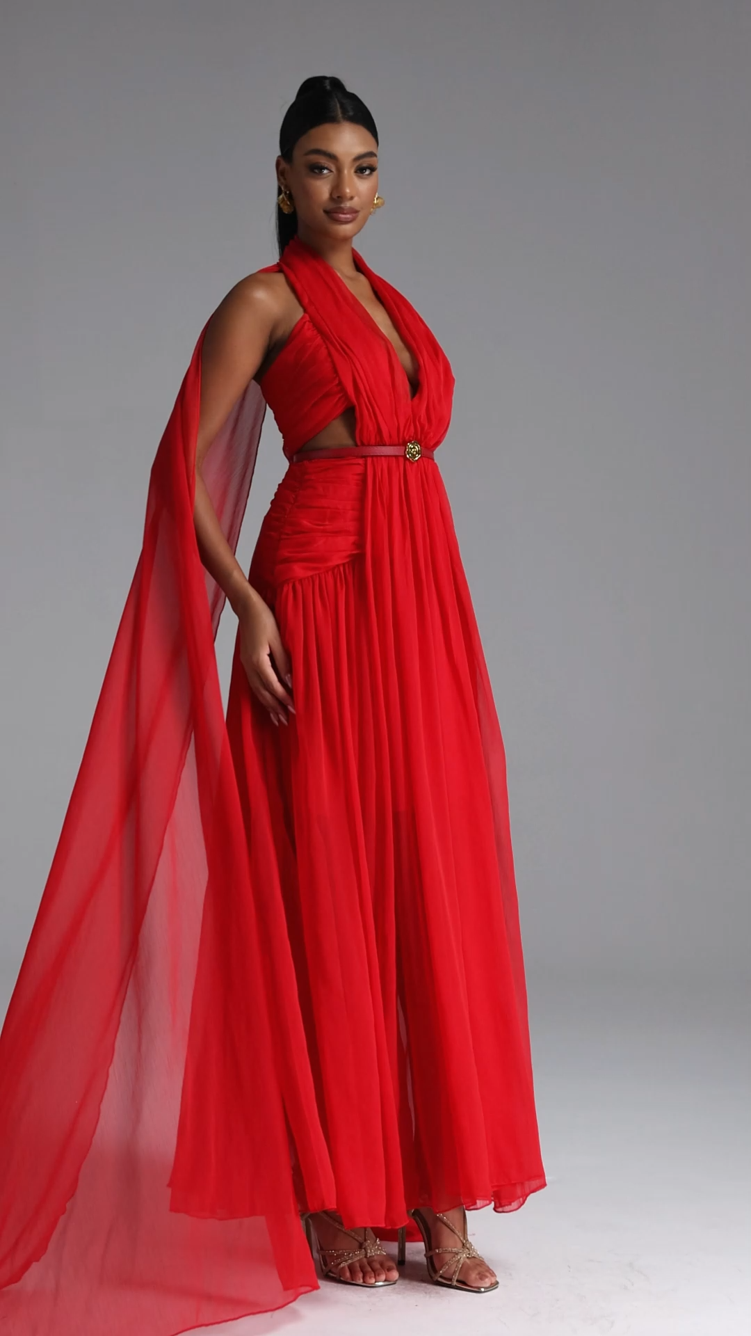 Mio Sexy Flowy V Neck Cape Pleated Cut Out Maxi Dress