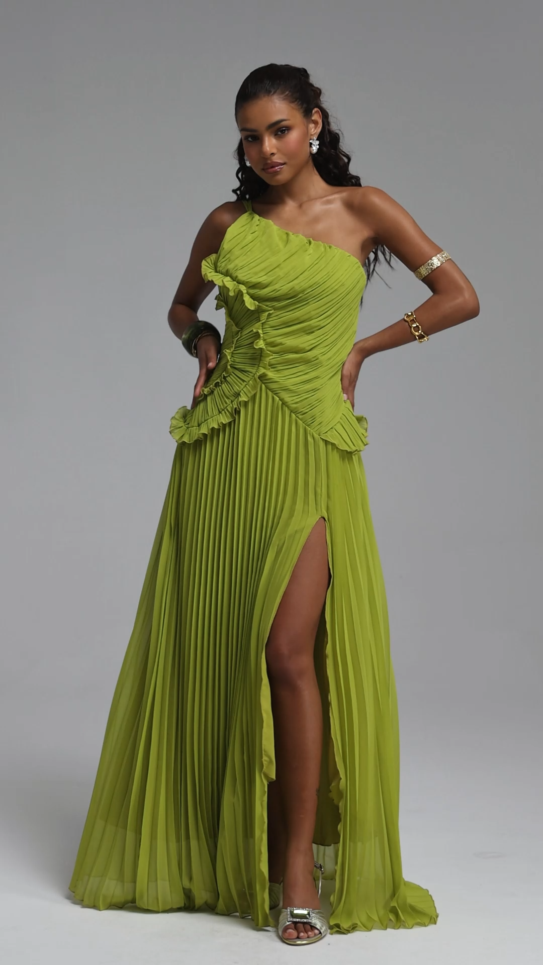 Locia Resort Flowy One Shoulder Ruffle Pleated Woven Maxi Dress