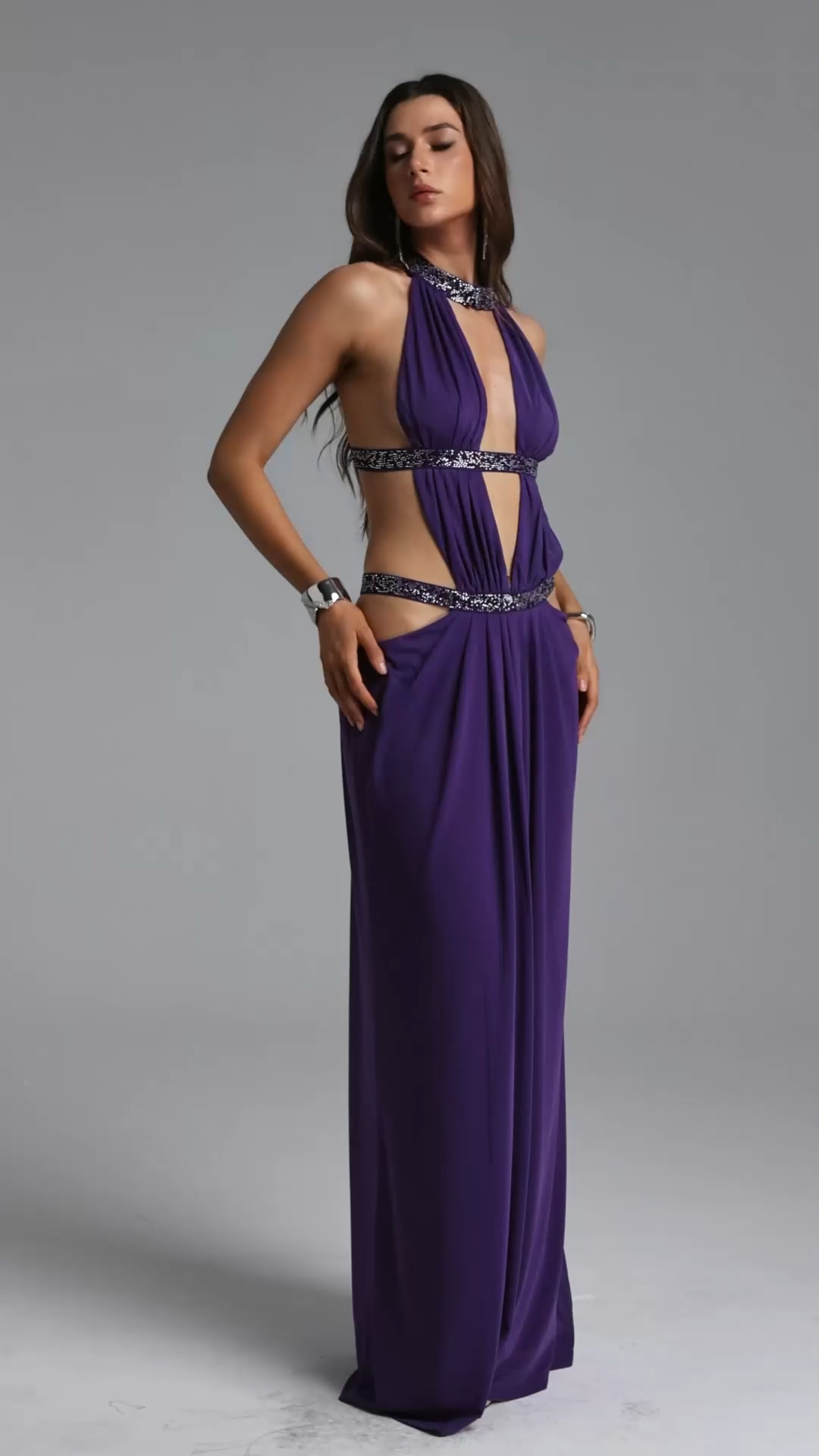 Elaia Sexy Flowy Halter Ruched Cut Out Purple Maxi Dress