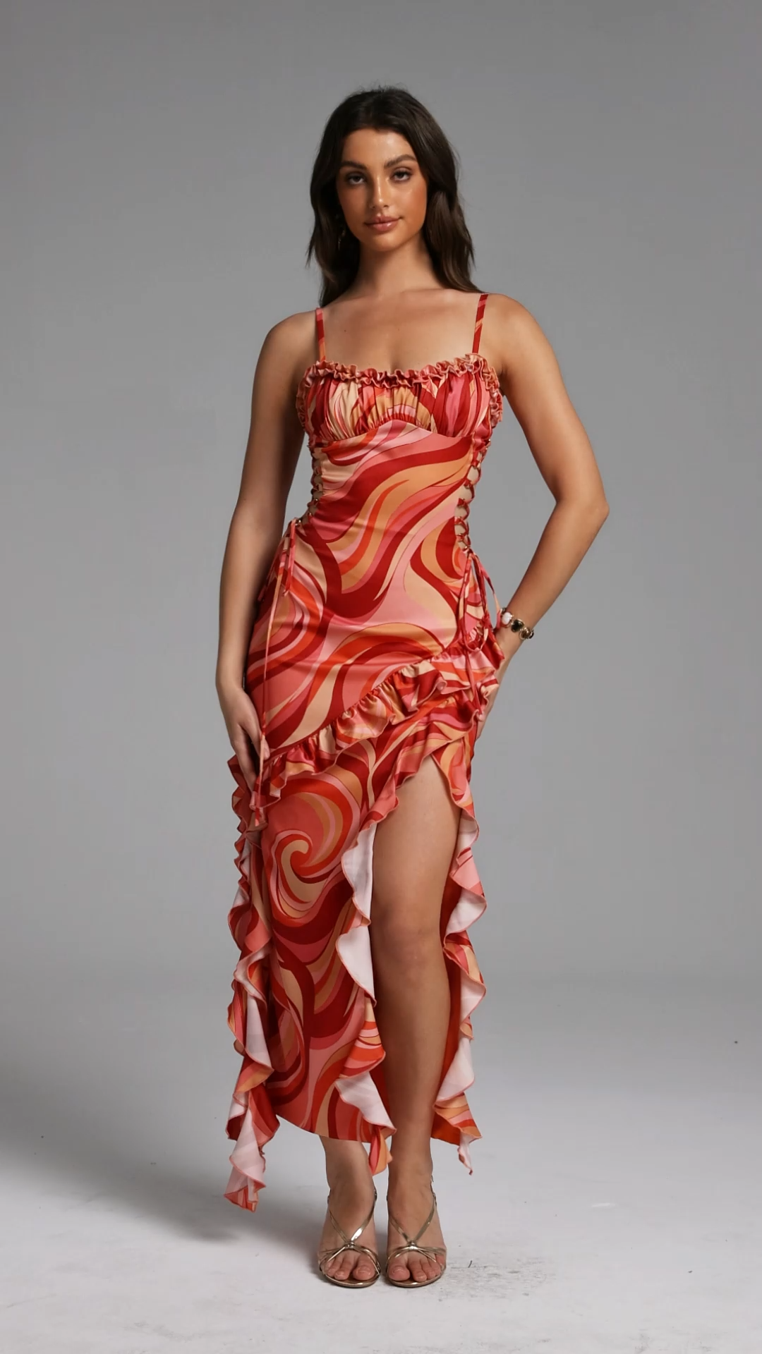 Madge Classic Flowy Ruffle High Slit Ruched Print Maxi Dress