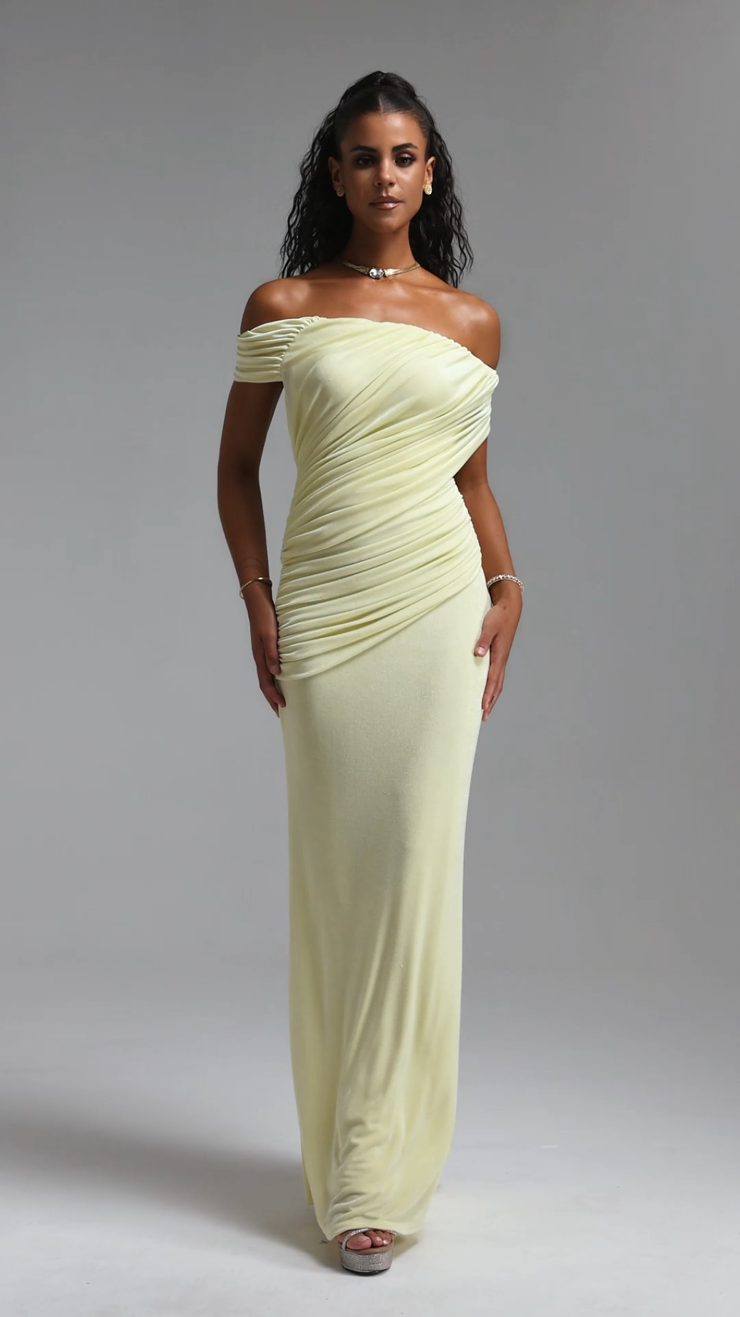 Slaia Minimalist Off Shoulder Diagonal Ruched Knit Yellow Maxi Dress