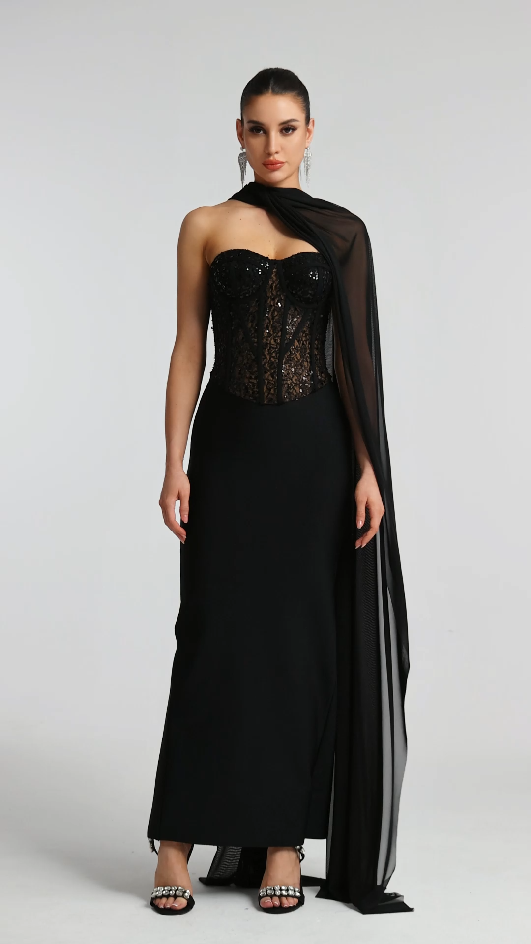 Dodou Strapless Cape Sequin Bandage Maxi Dress