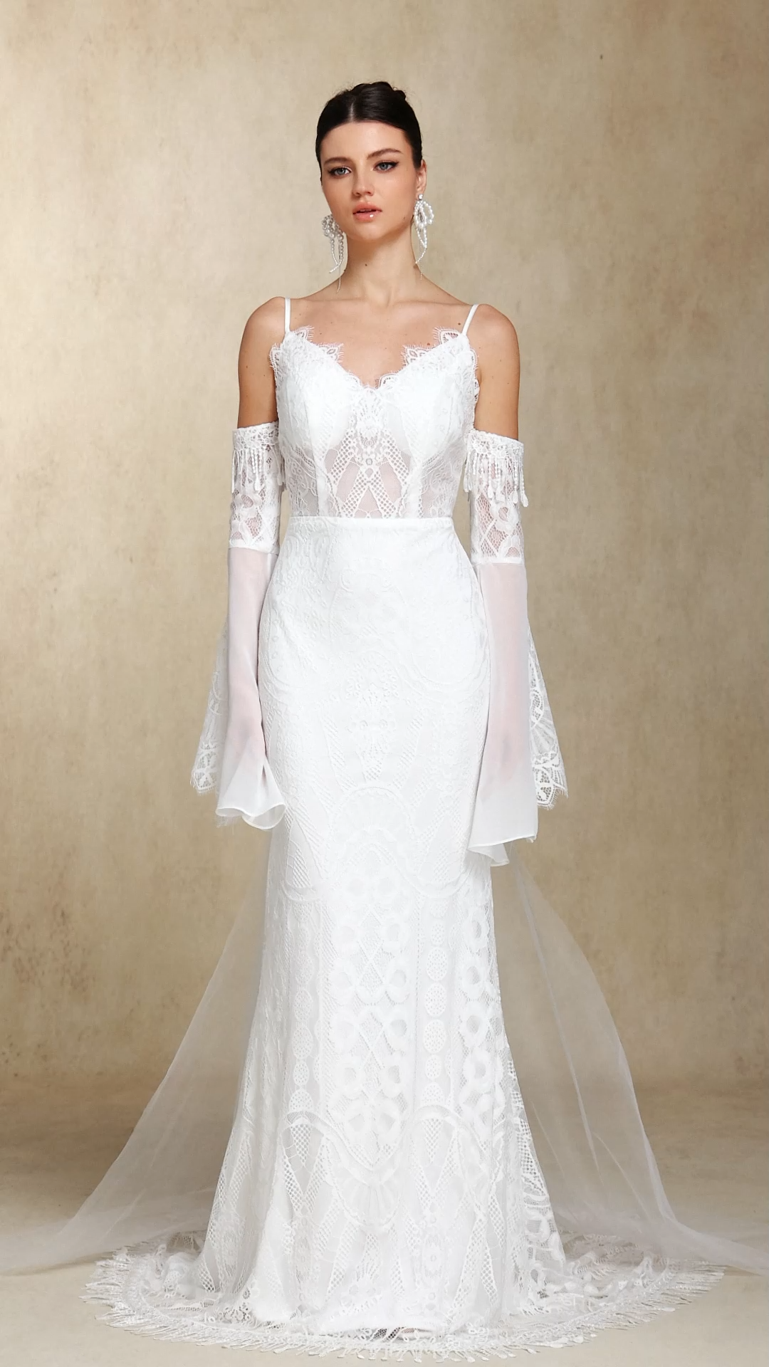 Ulasa Tassel Lace Sling Flared sleeves maxi wedding dress