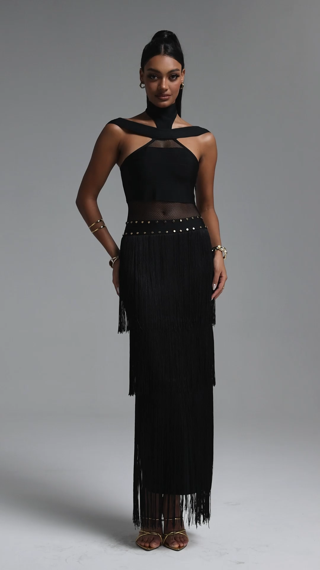 Rakel Stylish Fitted Halter Sheer Fringe Long Bandage Dress