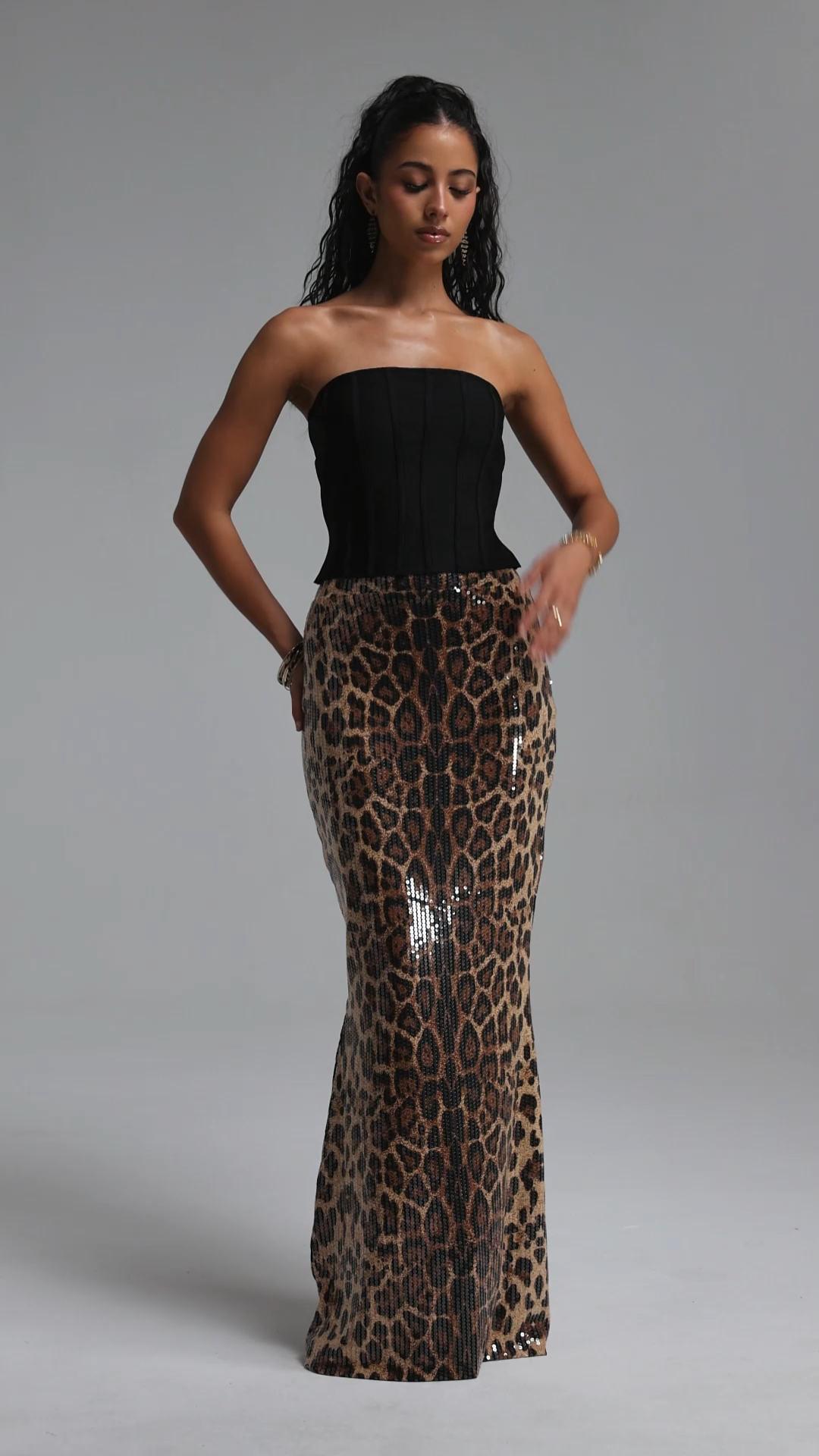 Raola Chic Contour Strapless Boned Top Leopard Print Mermaid Maxi Skirt Two Piece Set