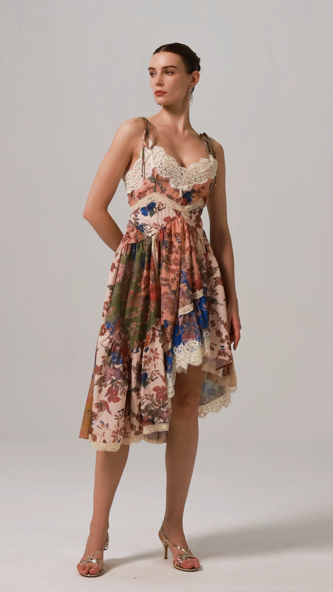 Lacai Halter Lace Floral Printed Asymmetric Midi Dress