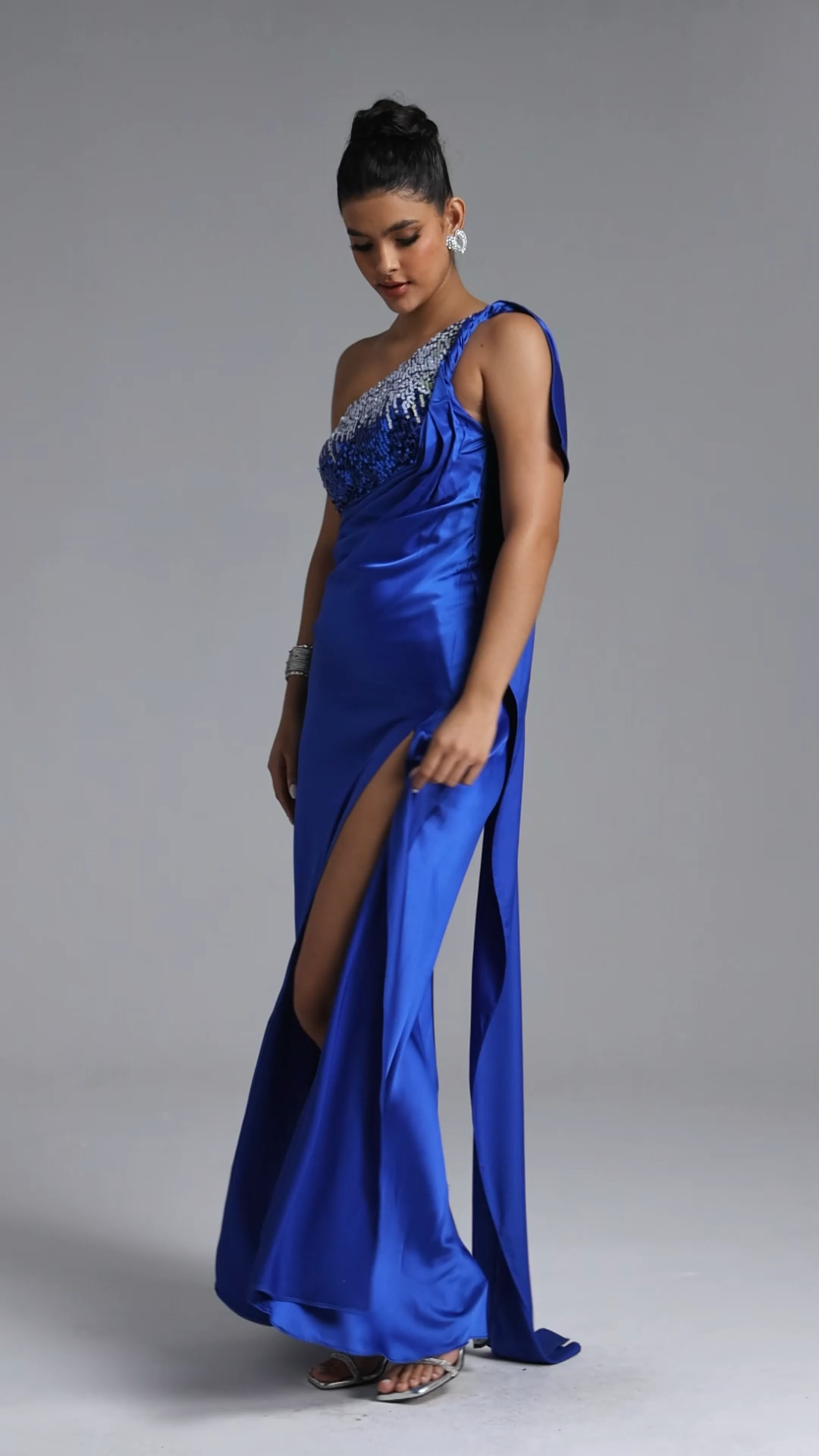 Miney Glamorous Contour One Shoulder Sequin Satin Maxi Dress