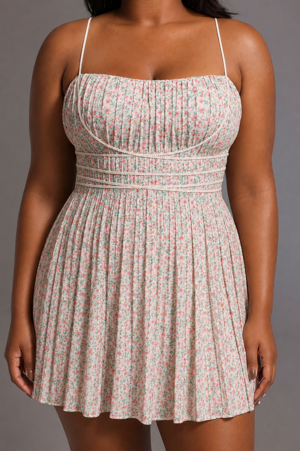 Modan Romantic Cinched Sleeveless Floral Print Pleated Woven Mini Dress
