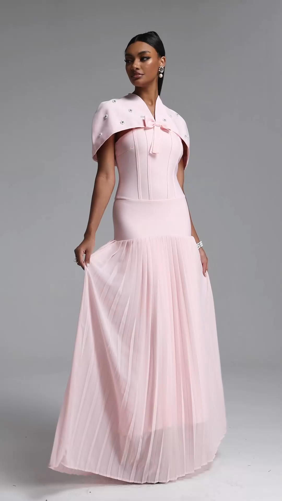 Devere Elegant Sophisticated Cape Style Pleated Bandge Maxi Dress