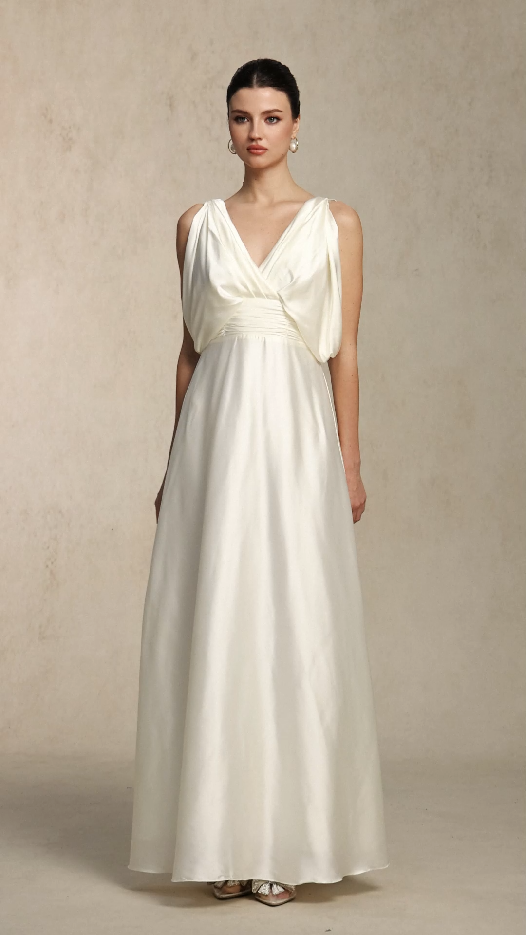 Heleza Elegant V Neck Curve-enhancing Ruched Beige Satin Maxi Dress