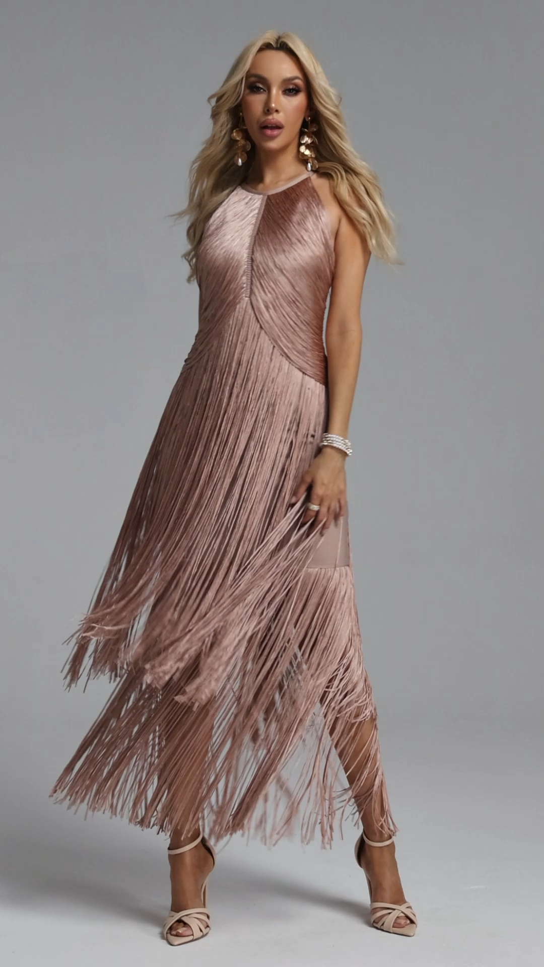 Taye Classic Contour Halter Fringe Bandage Pink Maxi Dress