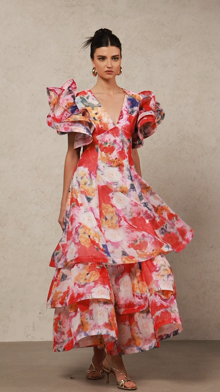 Wenie Printed V-Neck Folds Layered Maxi Dress