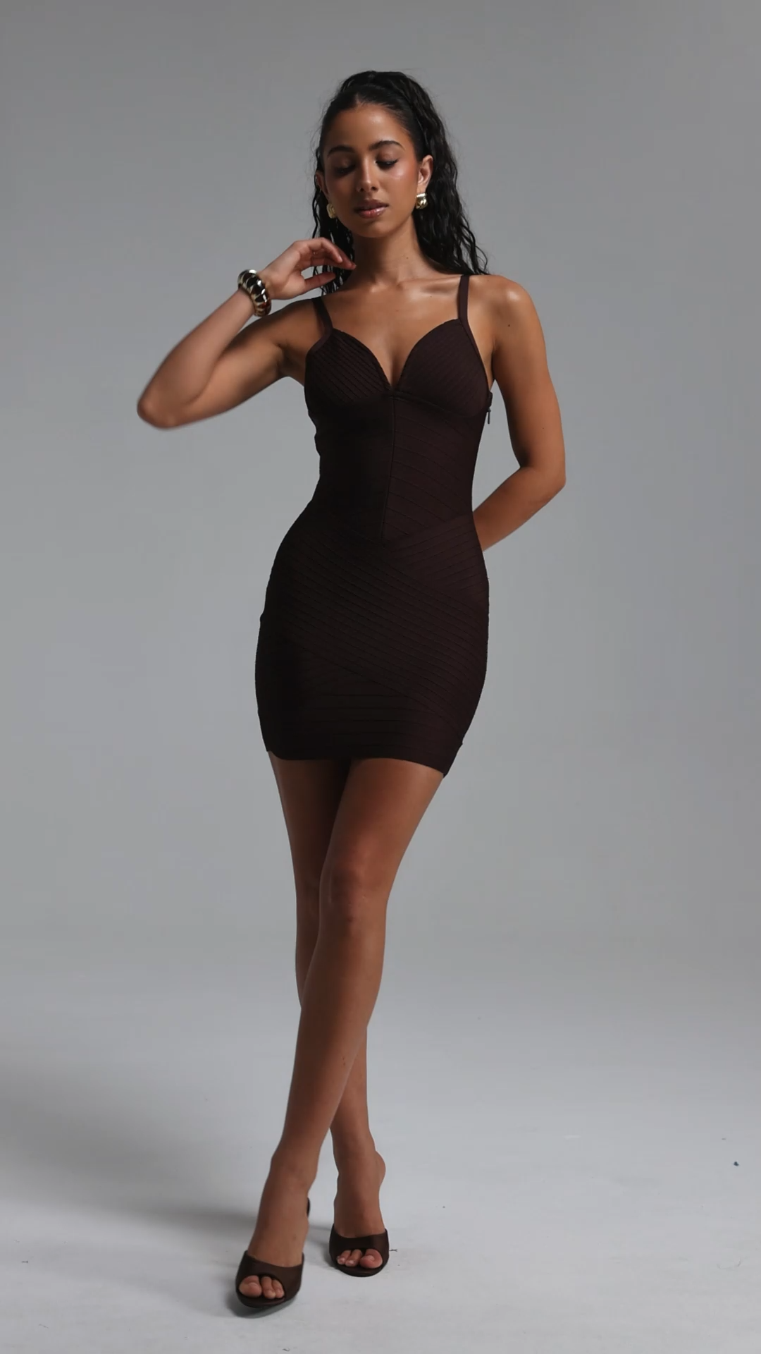 Lazze Chic Contour Spaghetti Strap Stripe Bandage Mini Dress