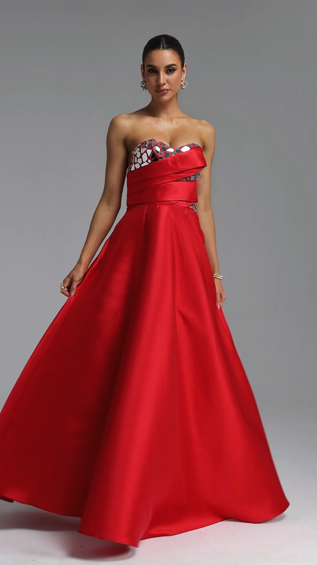 Elegant Waist-Cinching Strapless Mirror Decor Ruched Satin Full A-Line Maxi Evening Dress