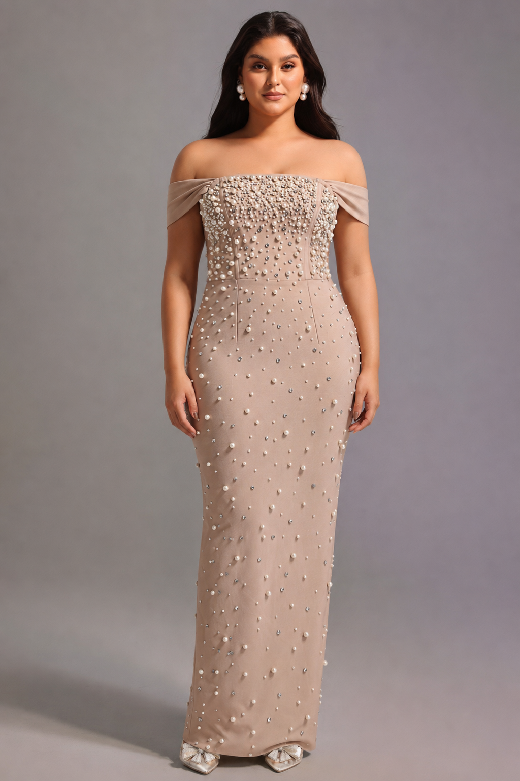 Jaylee Glamorous Off Shoulder Pearl Rhinestone Bandage Maxi Dress