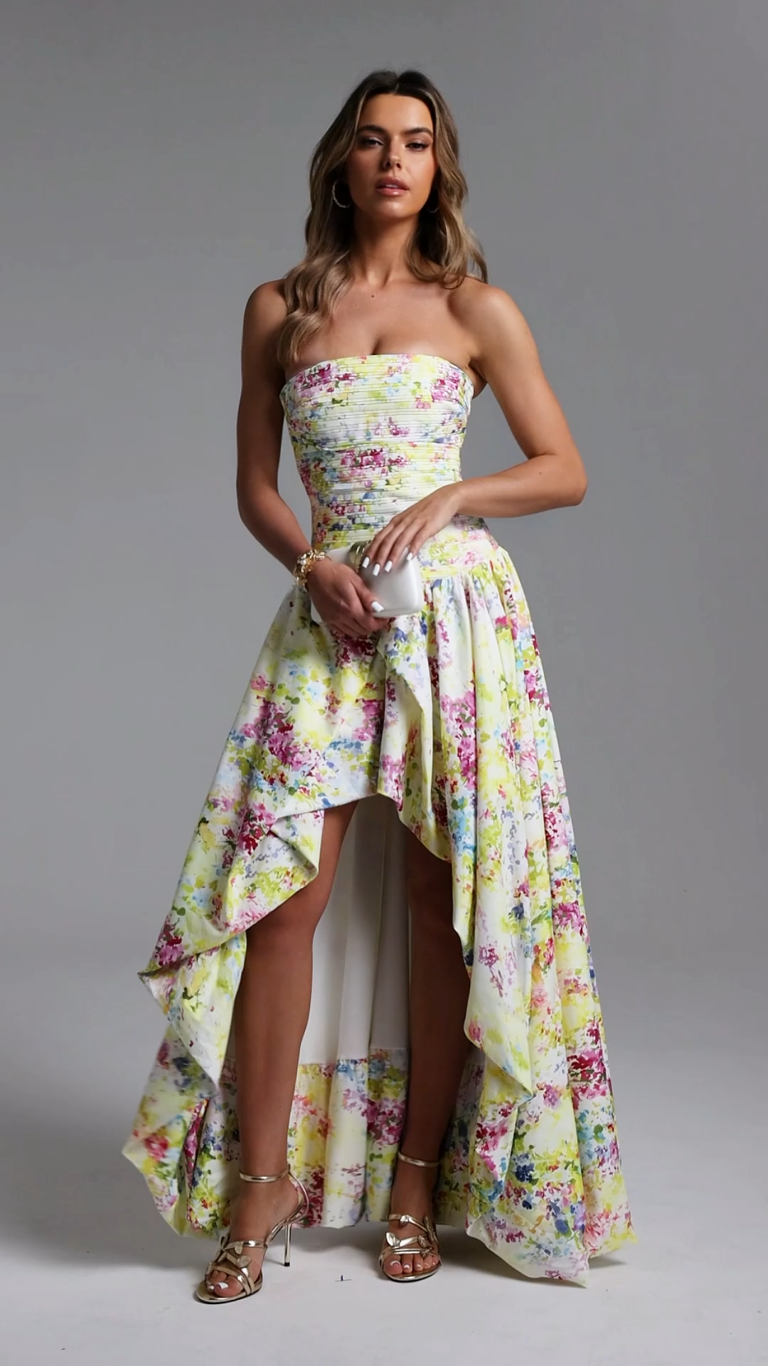 Perrine Romantic Flowy Strapless Pleated High Slit Print Maxi Dress
