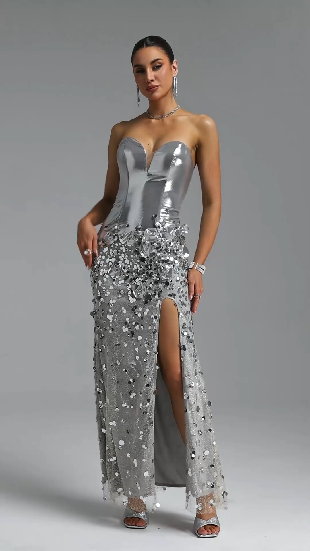 Light Luxury Strapless Metallic Satin 3D Floral Sequin Sheer Mesh High Slit Mermaid Maxi Evening Dress