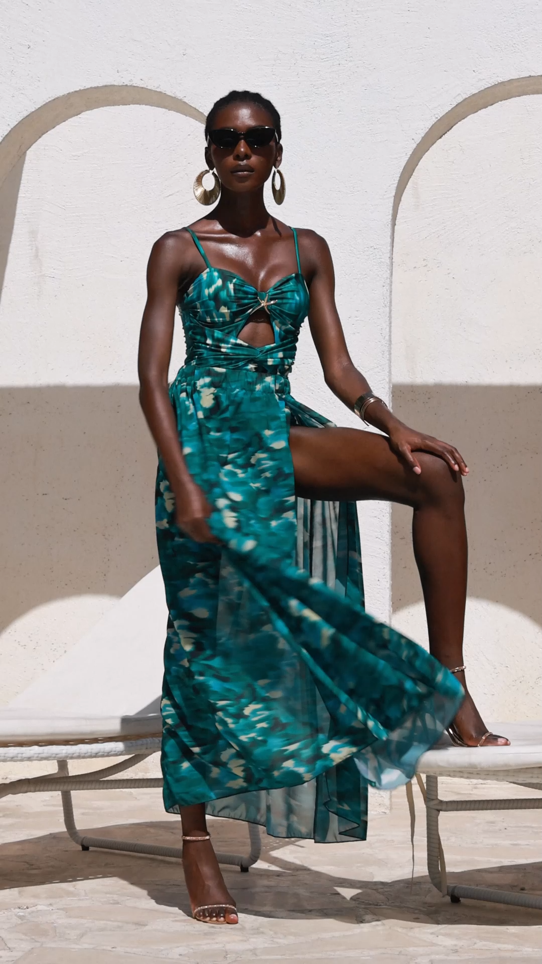 Habane Printing Sleeveless Hollow Out Slit Mini Swimwear Two-Piece Set