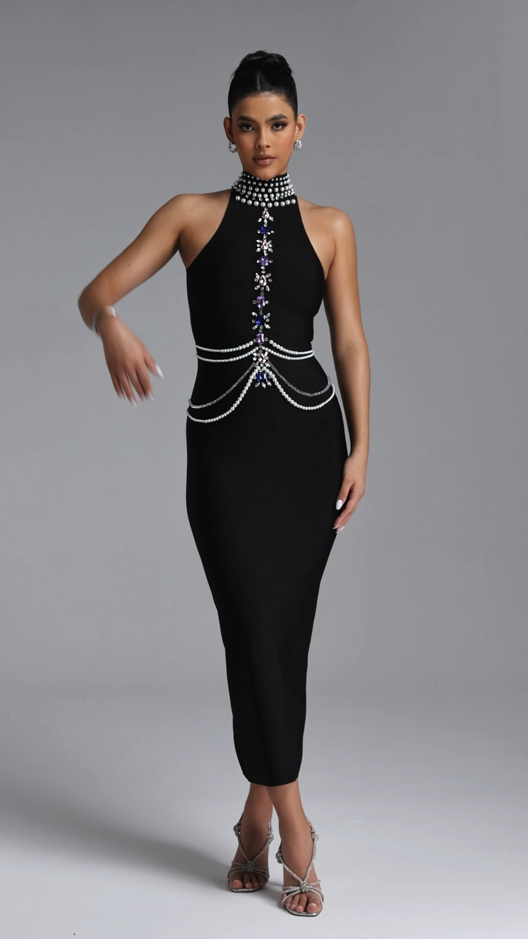 Opal Glamorous Contour Halter Rhinestone Pearl Bandage Maxi Dress