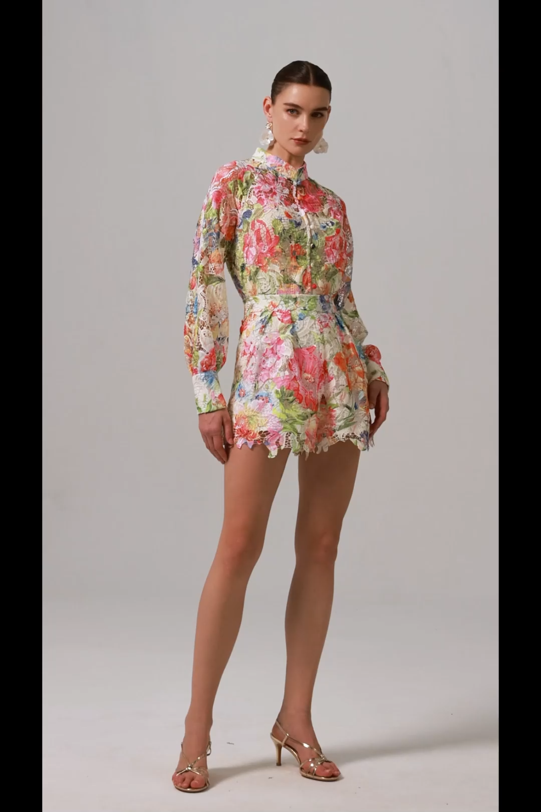 Penpe Long Sleeve Floral Printed Lace Top And Shorts Two-Piece Set