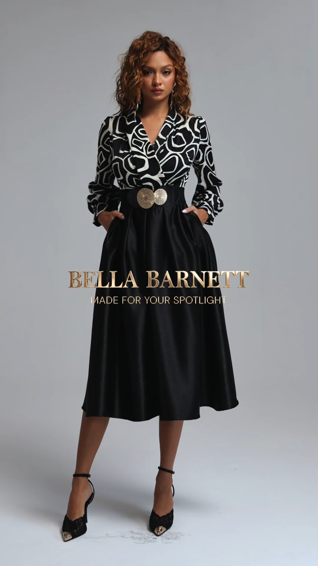 Xynia Vintage Tailored V Neck Long Sleeve Geometric Printed Spliced Satin Midi Dress