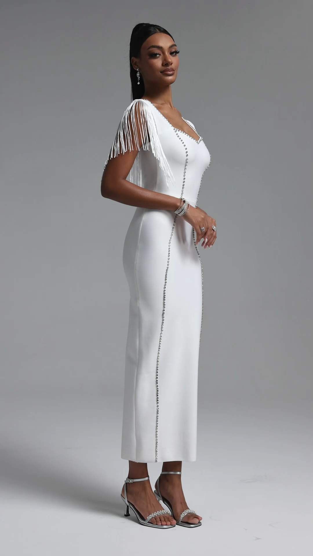 Loran Minimalist Fitted Fringe Rhinestone Maxi Bandage Dress