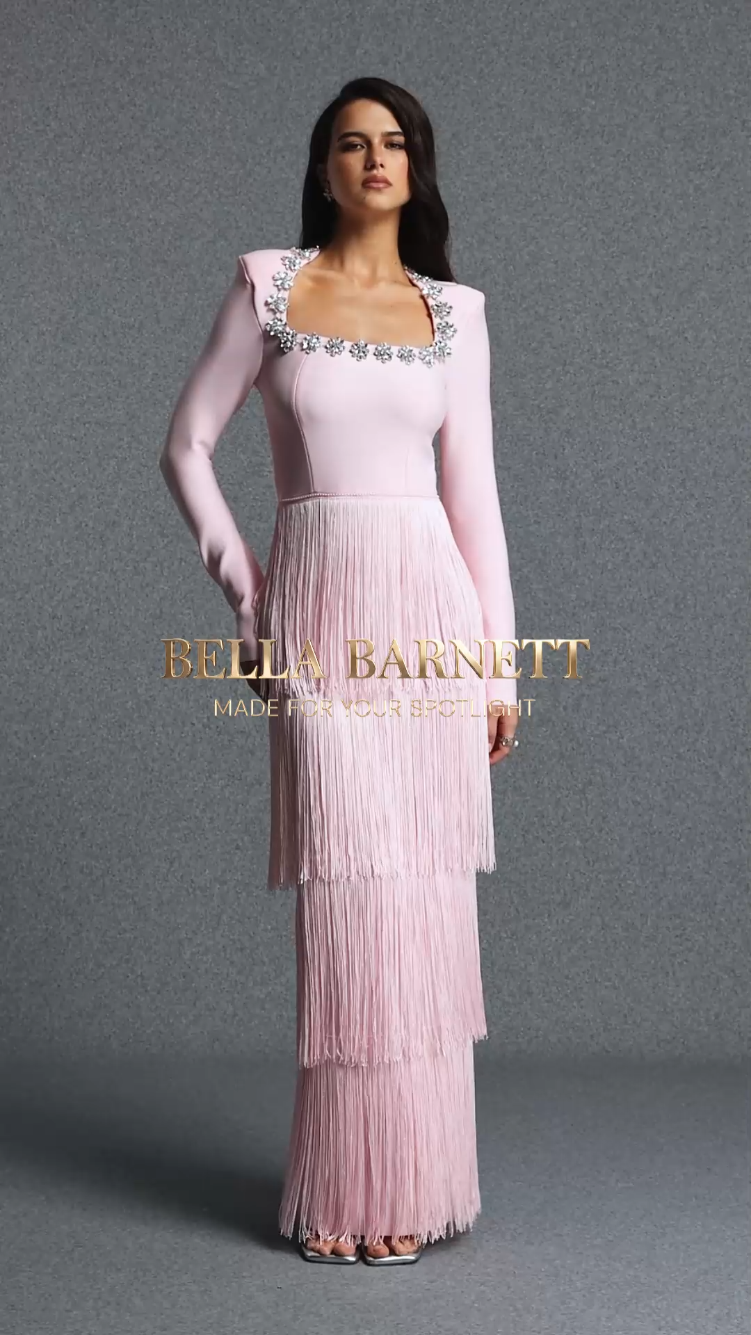 Holisa Fitted Square Neck Long Sleeve Floral Rhinestone Multi Layer Tassel Pink Bandage Maxi Dress
