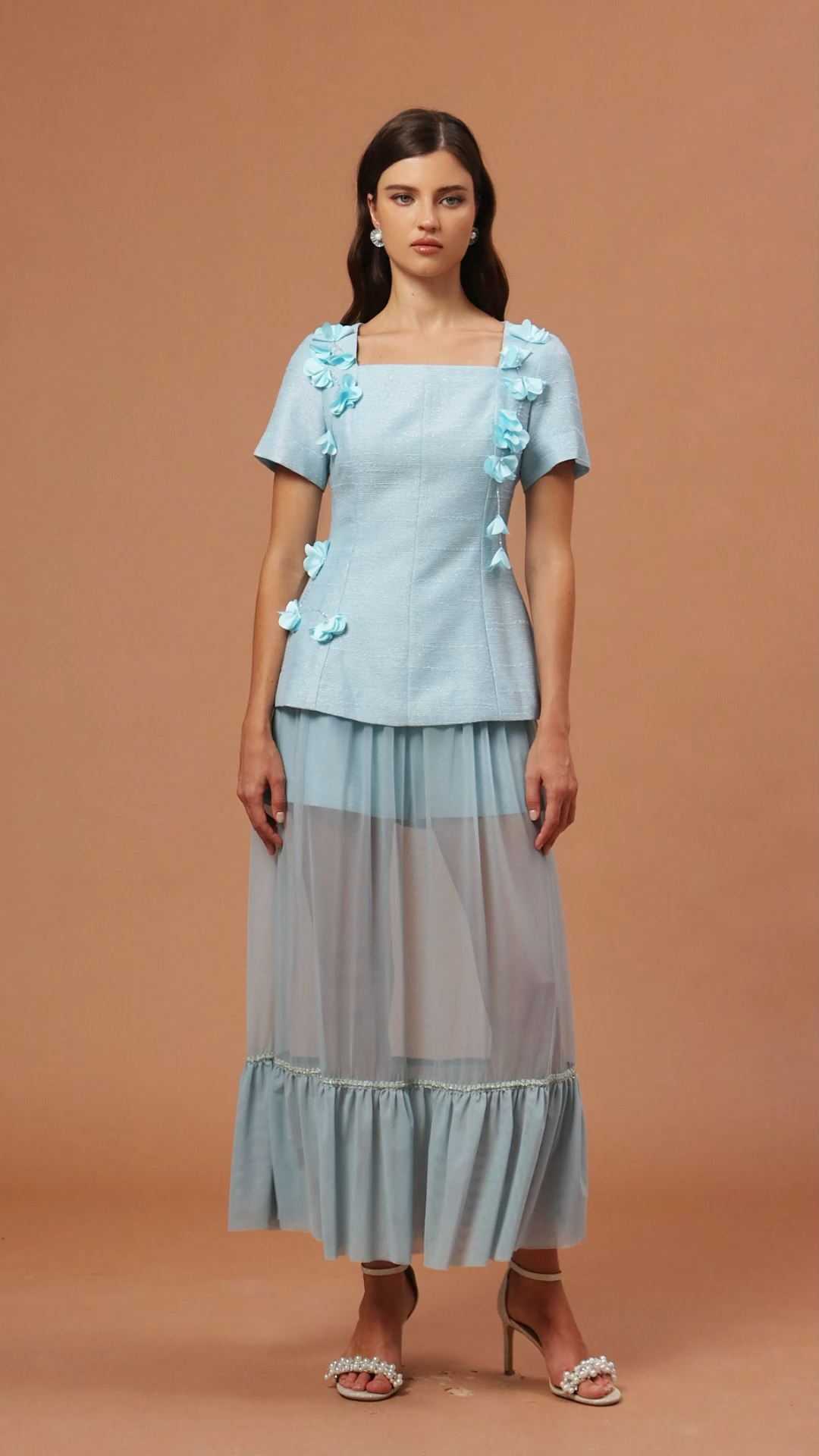 Linnaea Short Sleeves Flowers Folds Top And Skirt Two-Piece Set