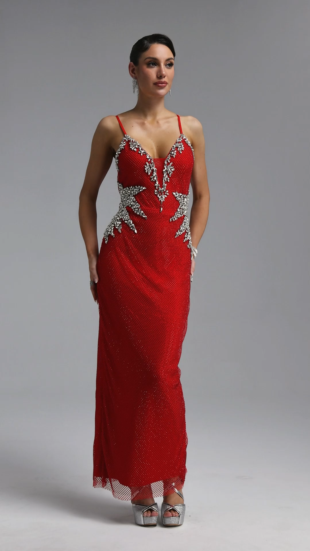 Ibbie Sexy Spaghetti Strap V Neck Rhinestone Bandage Maxi Dress