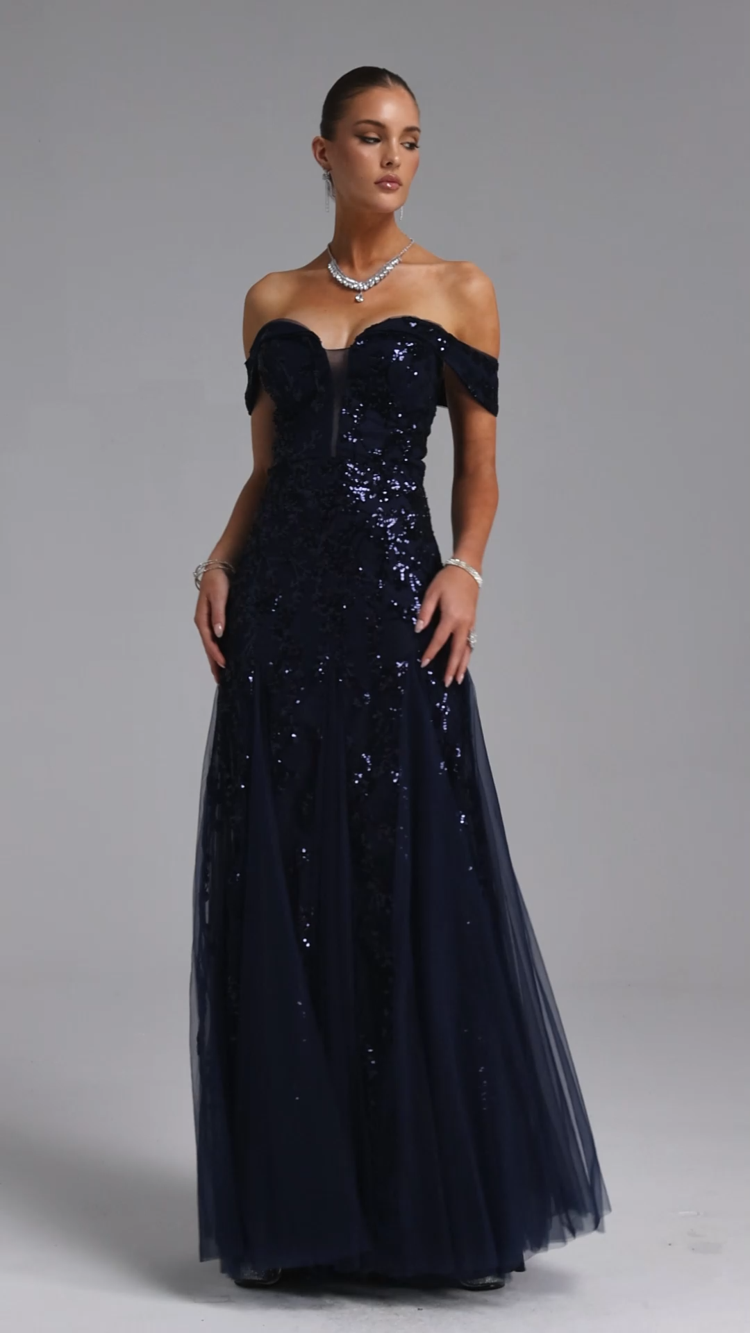 Werza Elegant Contour Off Shoulder Sequin Embellished Maxi Dress