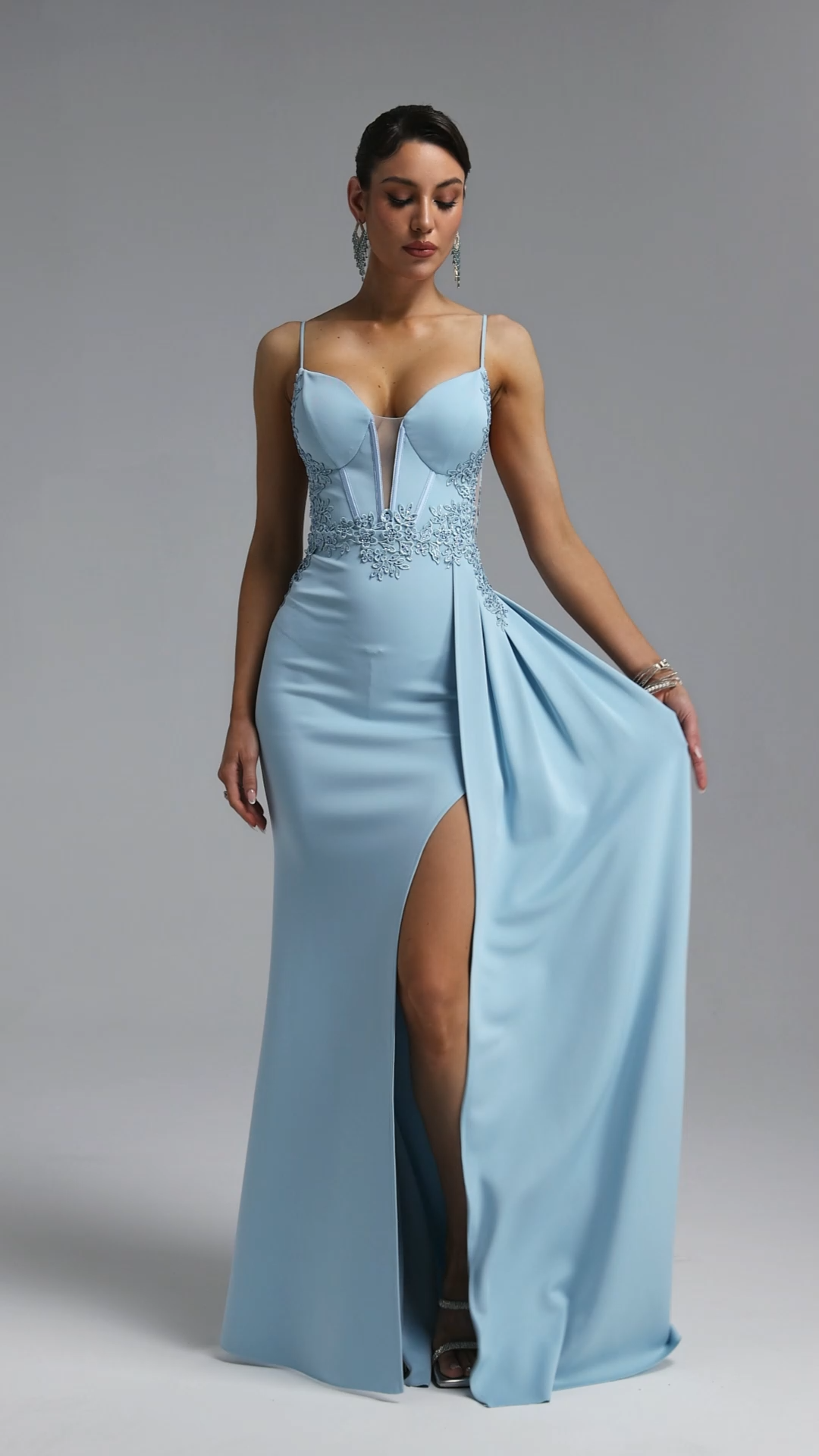 Henlina Romantic Spaghetti Strap Floral Embroidery Slit Lace Mermaid Blue Maxi Dress