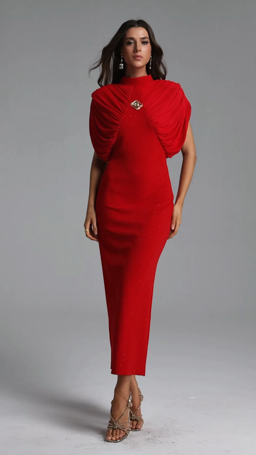 Tessy Chic Tailored High Neck Ruched Maxi Dress