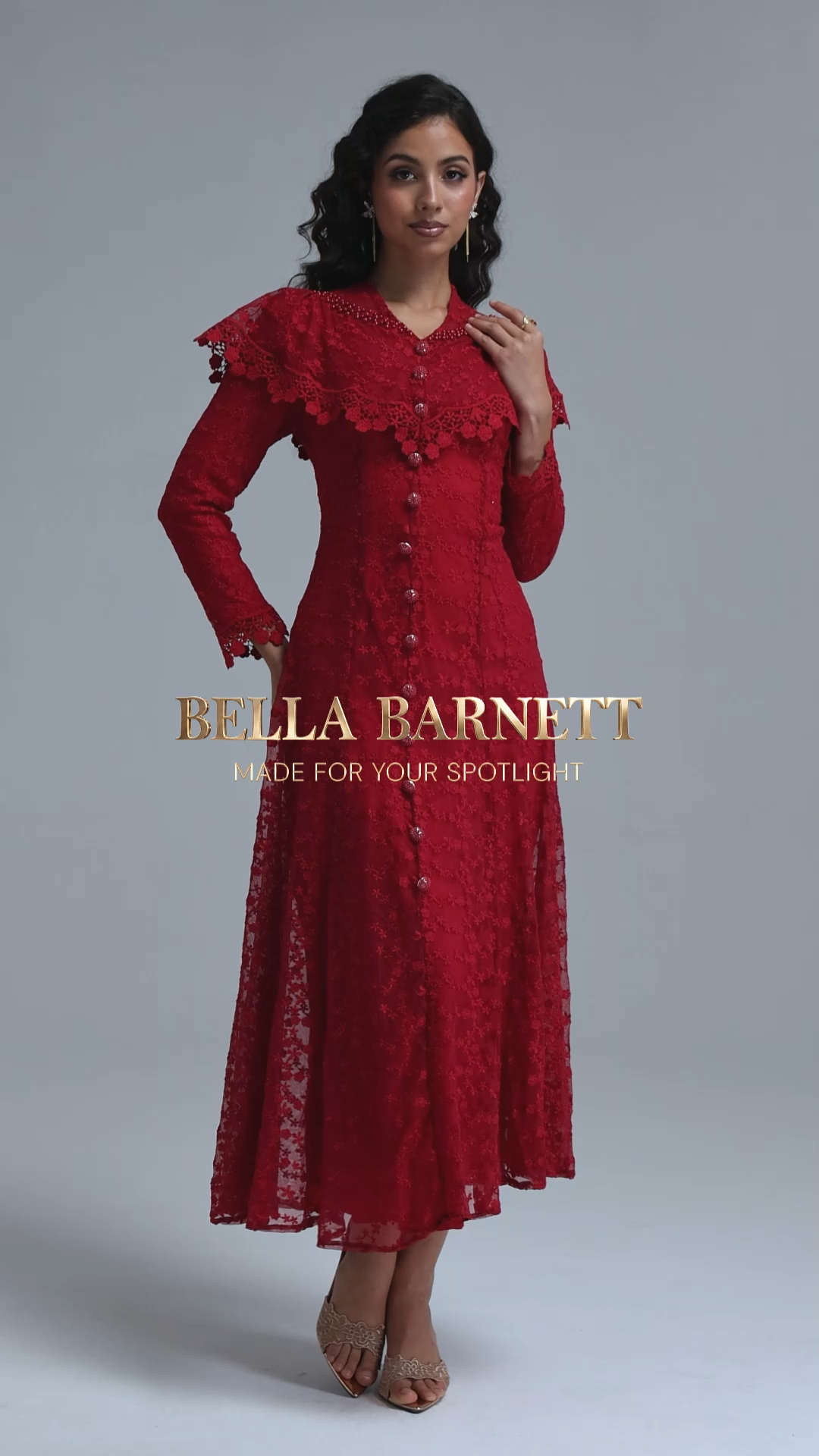 Joy Romantic Contour Cape Ruffle Collar Long Sleeve Floral Lace Maxi Dress