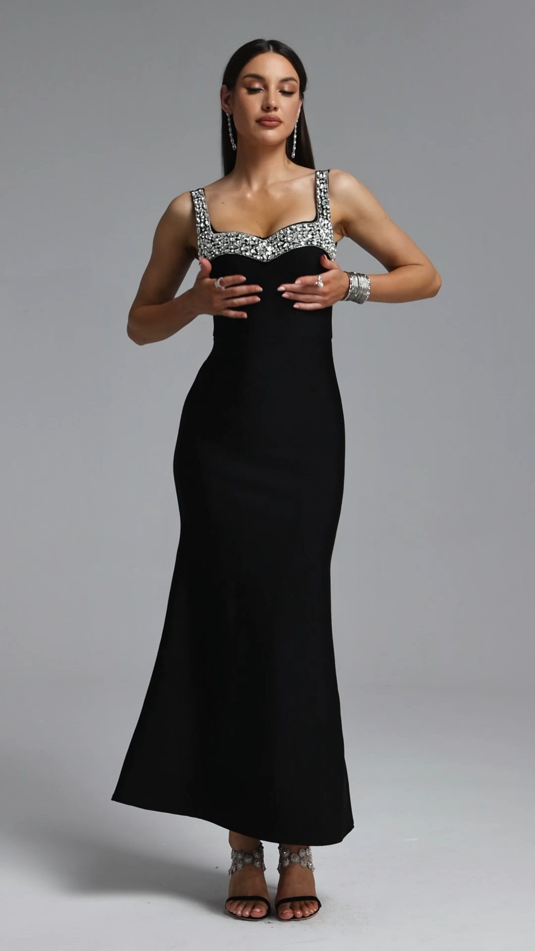 Glylah Glamorous Contour Rhinestone Bandage Maxi Dress