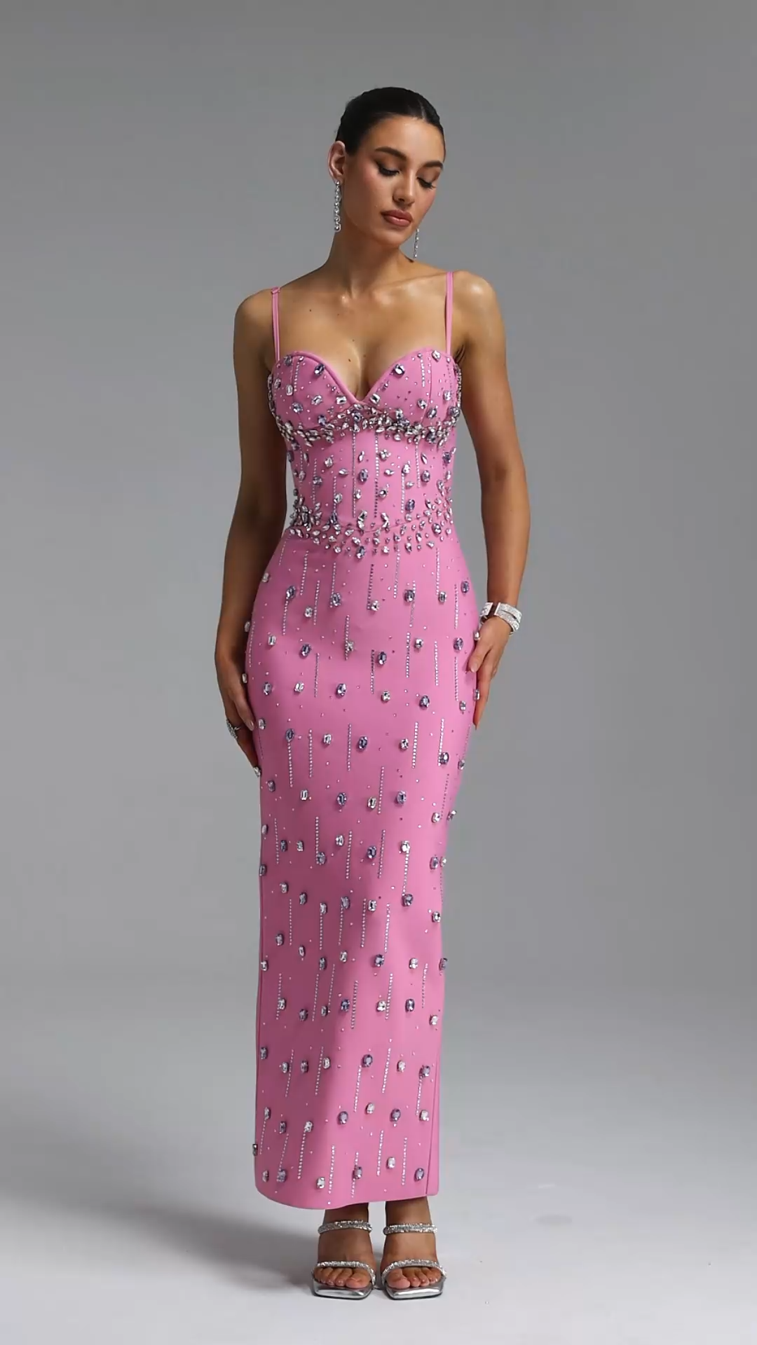 Solvia Gorgeous Shaping Rhinestone Decor Pink Bandage Maxi Evening Dress
