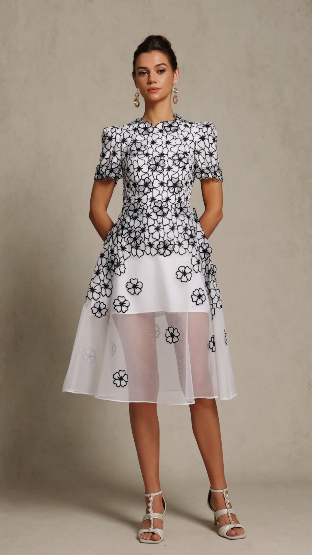 Vlafa Round Neck Short Sleeves Embroidery Flowers Midi Dress