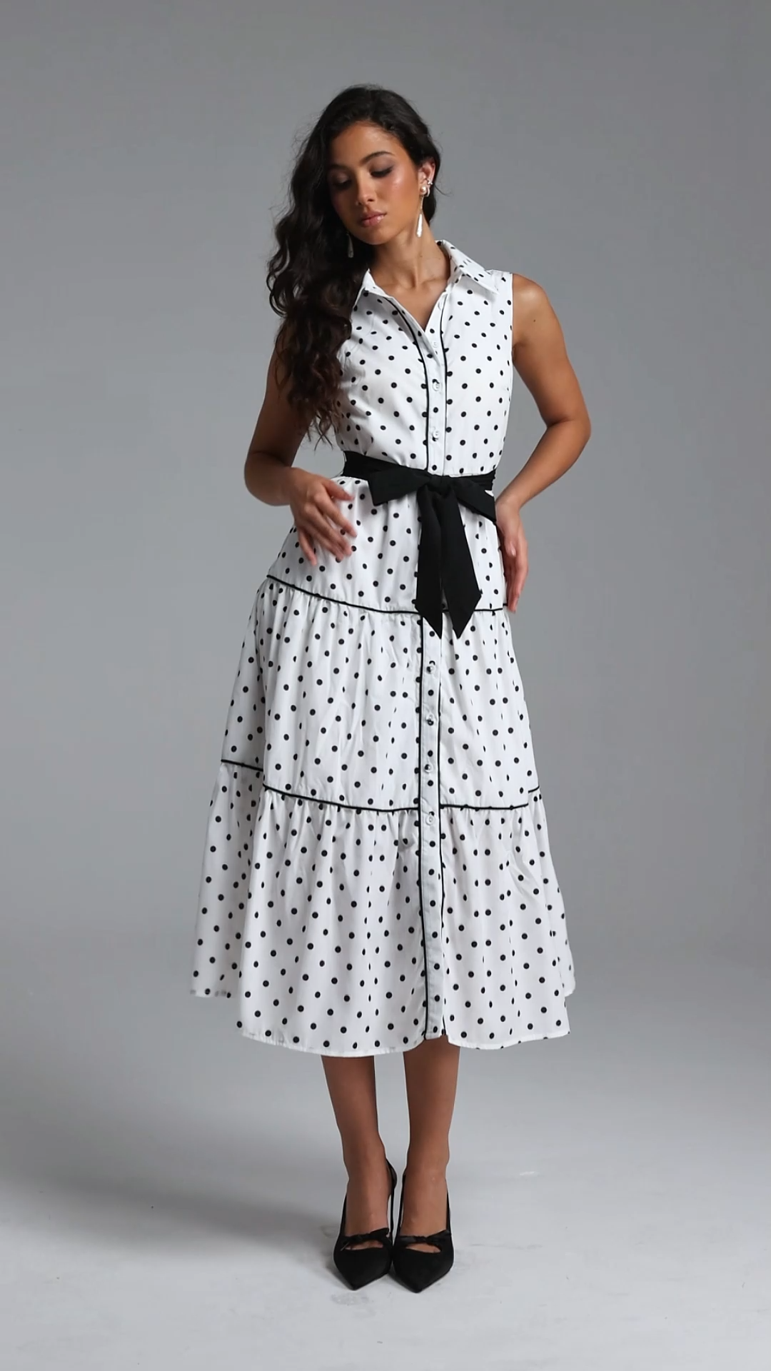 Marlina Classic Tailored Sleeveless Bow Polka Dot Woven Midi Dress