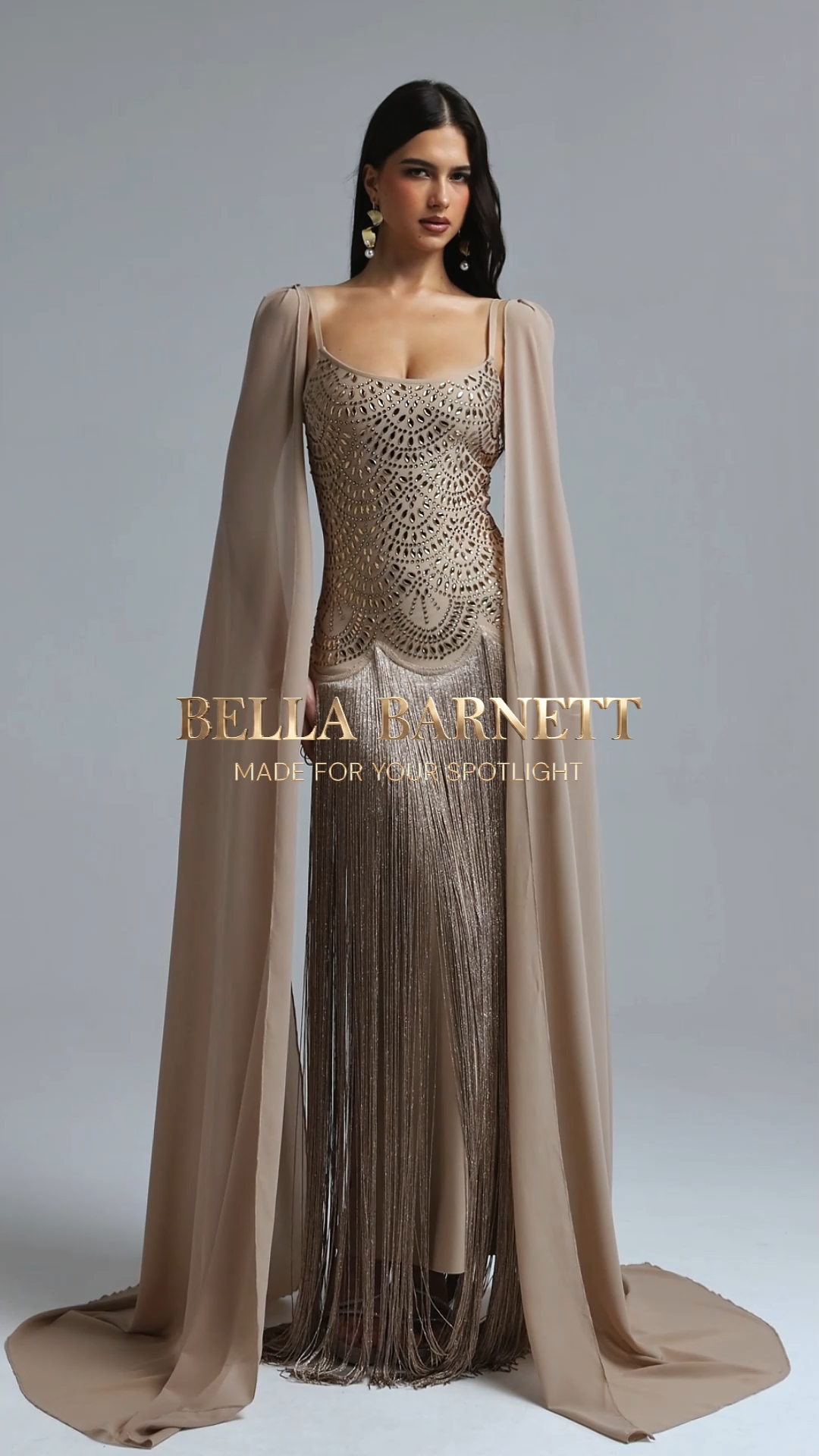 Ikara Elegant Spaghetti Strap Rhinestone Fringe Cape Bandage Maxi Dress