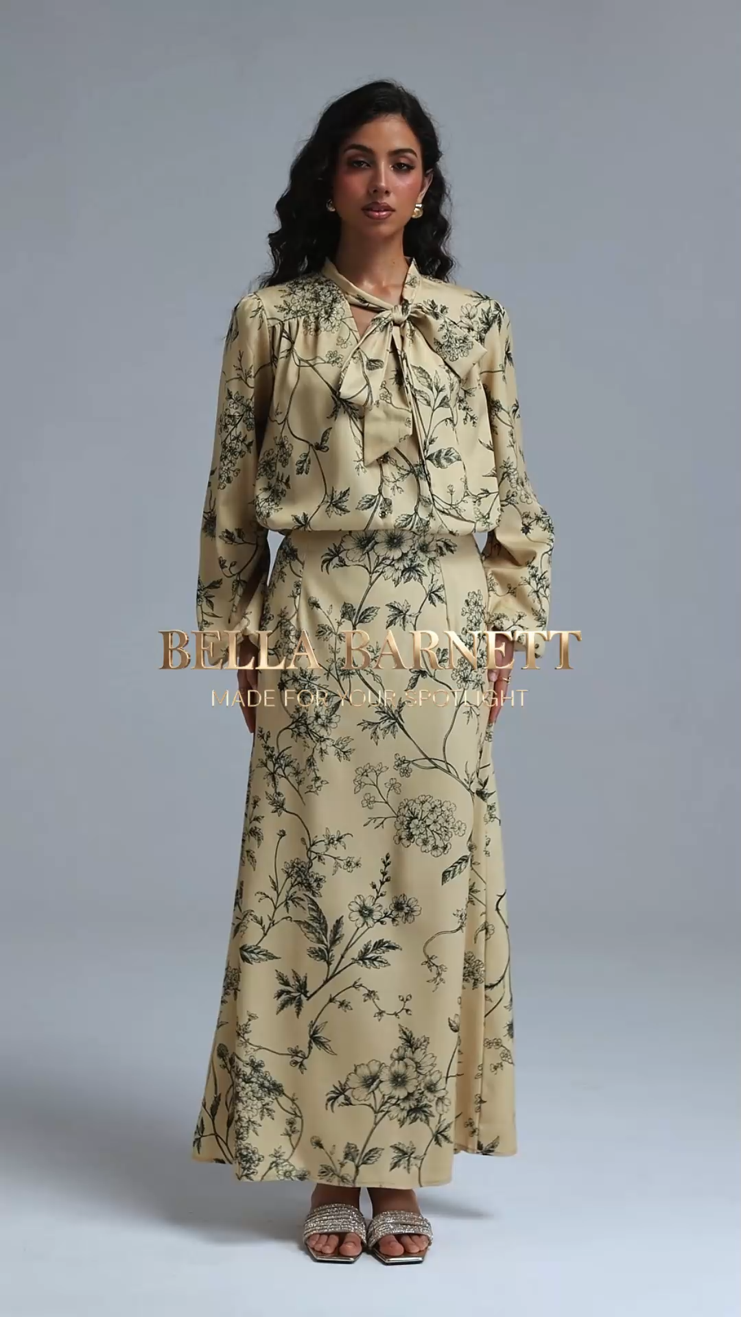 Priscilla Vintage Tailored Long Sleeve Floral Print Woven Top and Skirt Two Piece Set