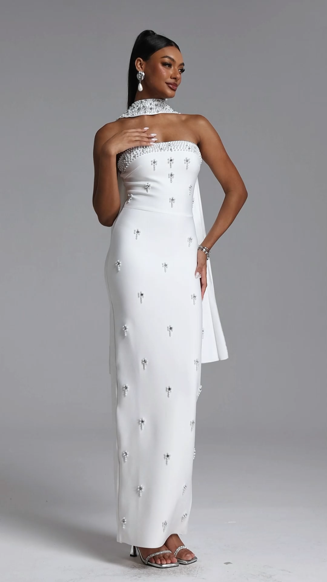 Marina Glamorous Contour Strapless Rhinestone Bandage White Maxi Dress