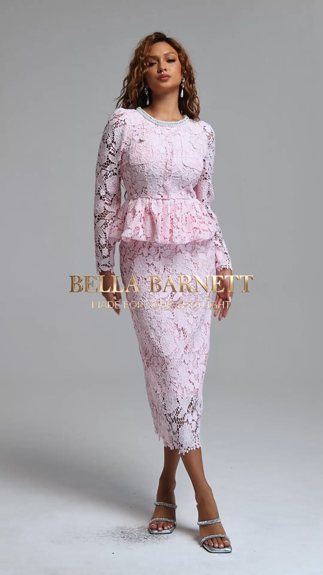 Lucifa Elegant Tailored Pearl Embellished Round Neck Long Sleeve Ruffle Lace Maxi Dress
