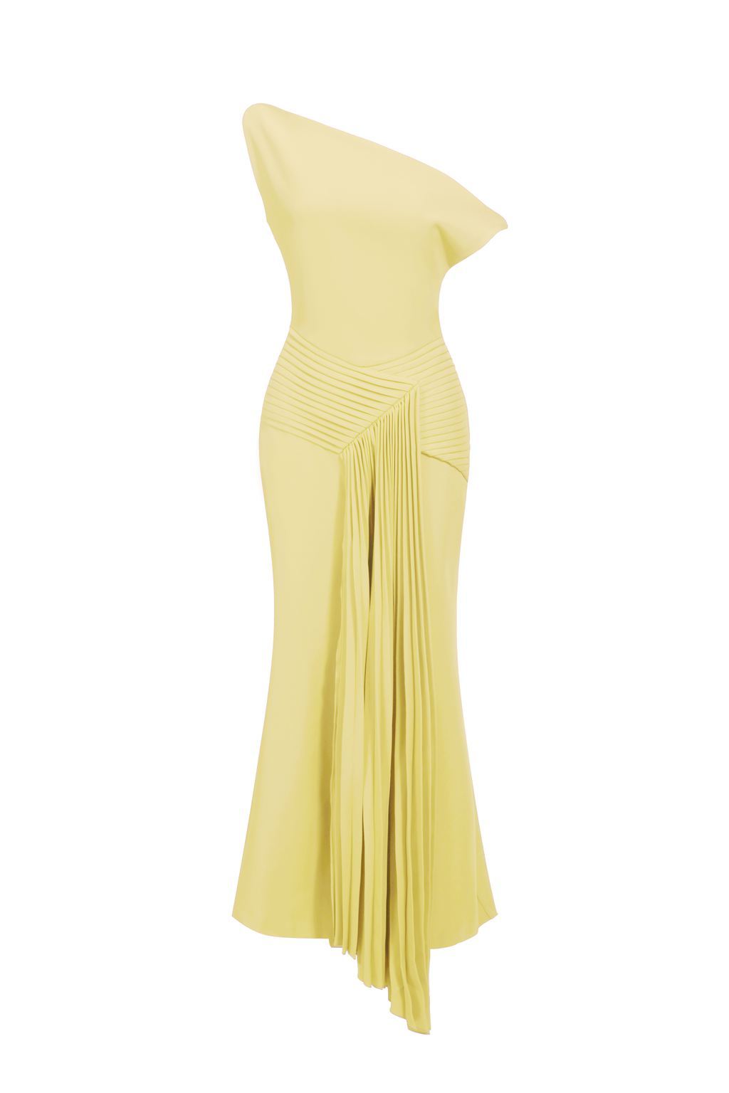 Paulina Oblique Shoulder Sleeveless Folds Yellow Midi Dress