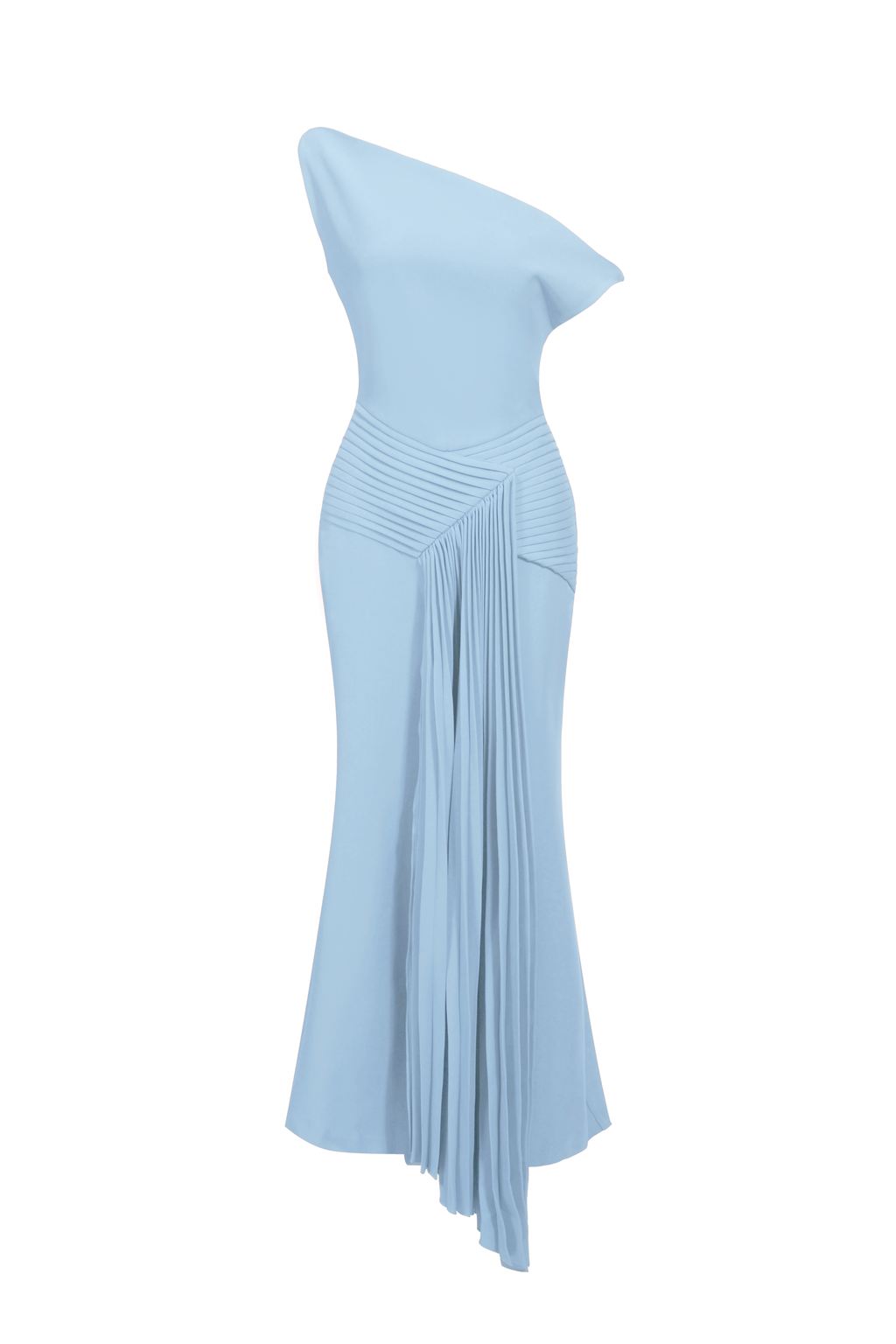 Paulina Oblique Shoulder Sleeveless Folds Blue Midi Dress
