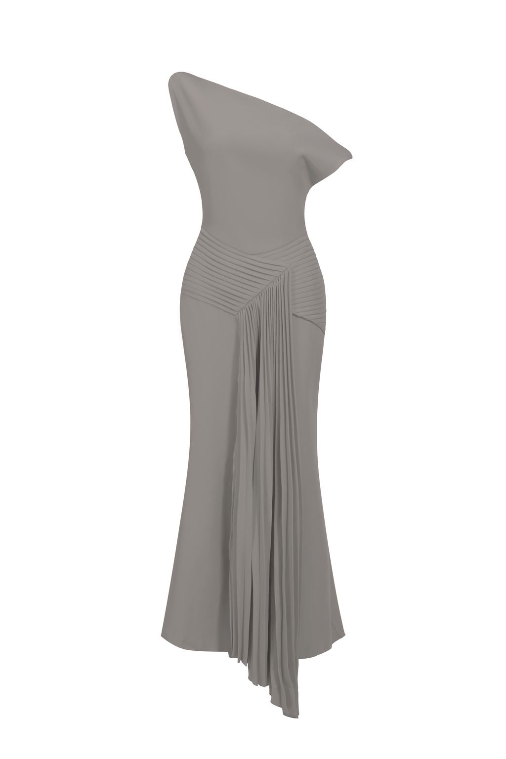 Paulina Oblique Shoulder Sleeveless Folds Gray Midi Dress