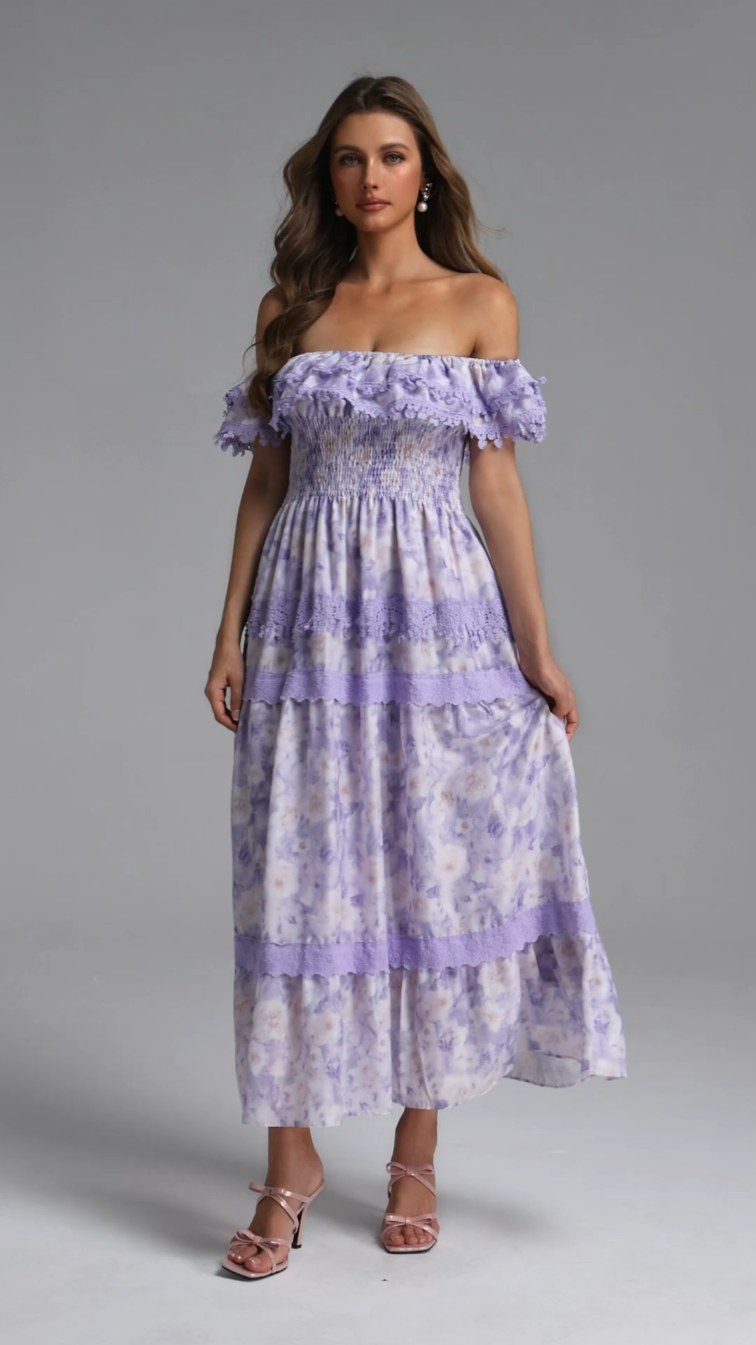 Kisa Resort Flowy Off Shoulder Ruffle Floral Print Woven Maxi Dress
