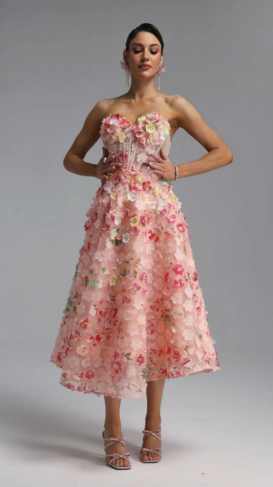 Julim Romantic Strapless Floral Midi Dress